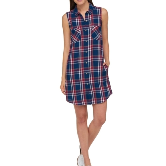 Tommy Hilfiger Sz 18 Sleeveless Plaid Shirt Dress Signature Colors Pockets NEW - Picture 1 of 14